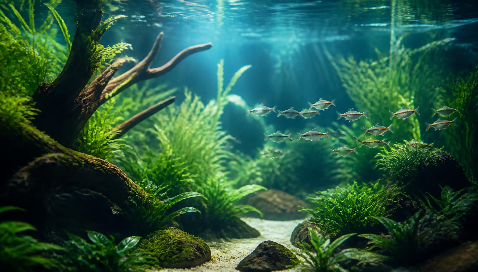 Planted freshwater aquarium with a small shoal of fish swimming through green plants