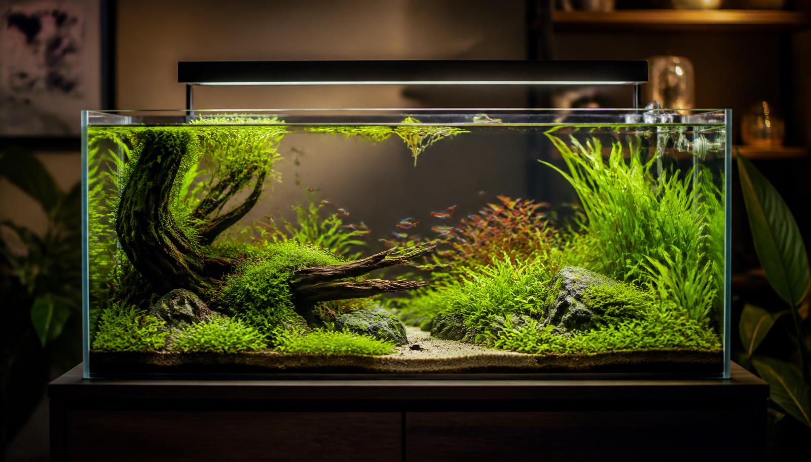 Planted home aquarium with driftwood, dense green plants and a small shoal of colourful fish