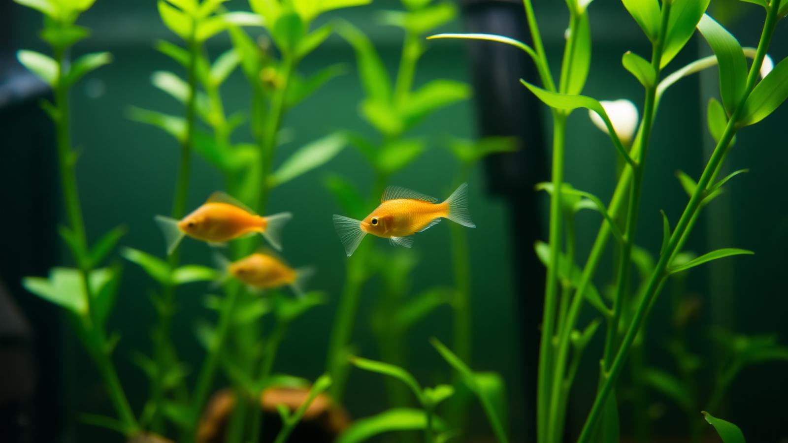 A planted freshwater aquarium with healthy fish swimming among green plants
