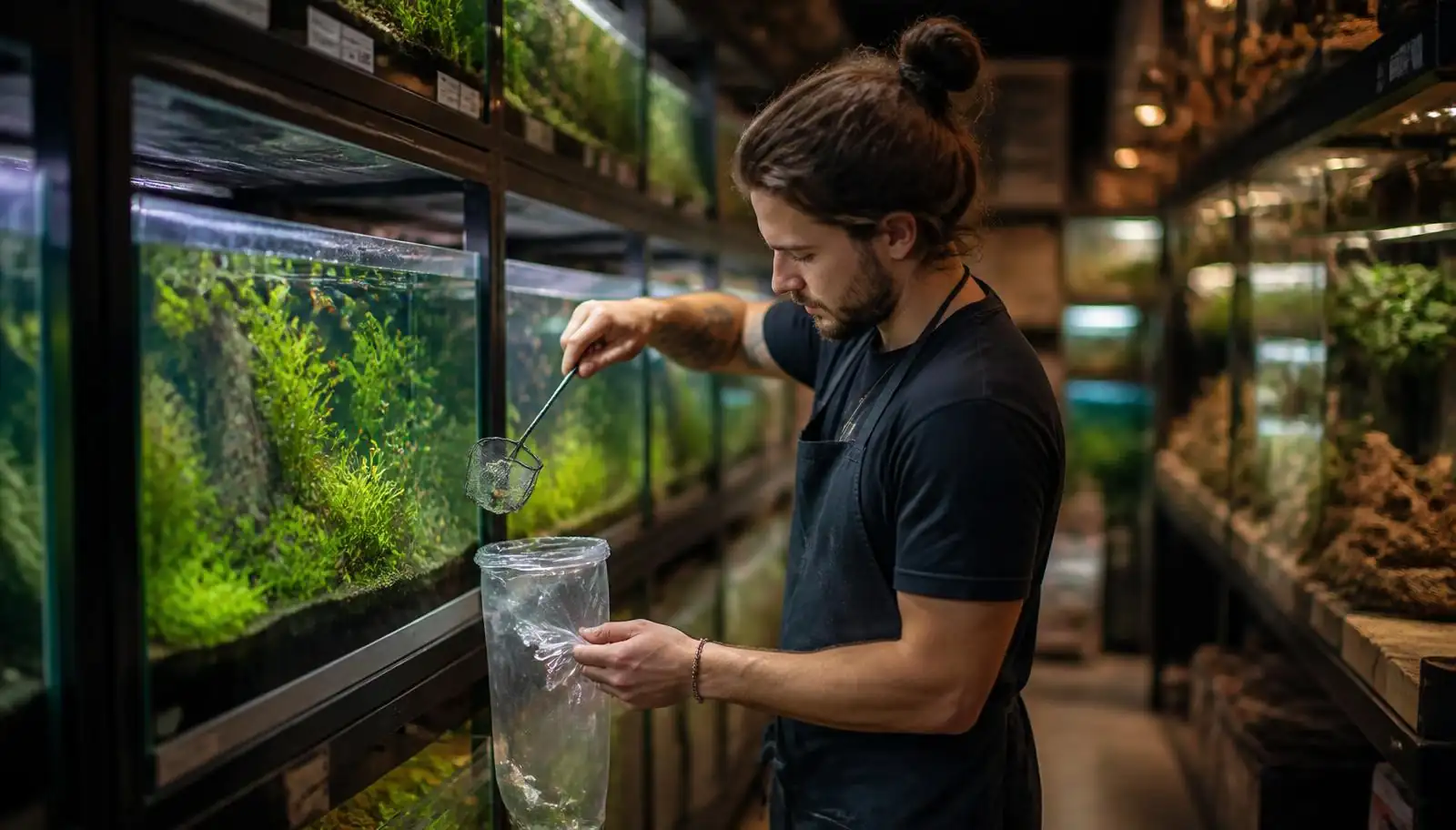 An aquatic shop display of stocked tanks